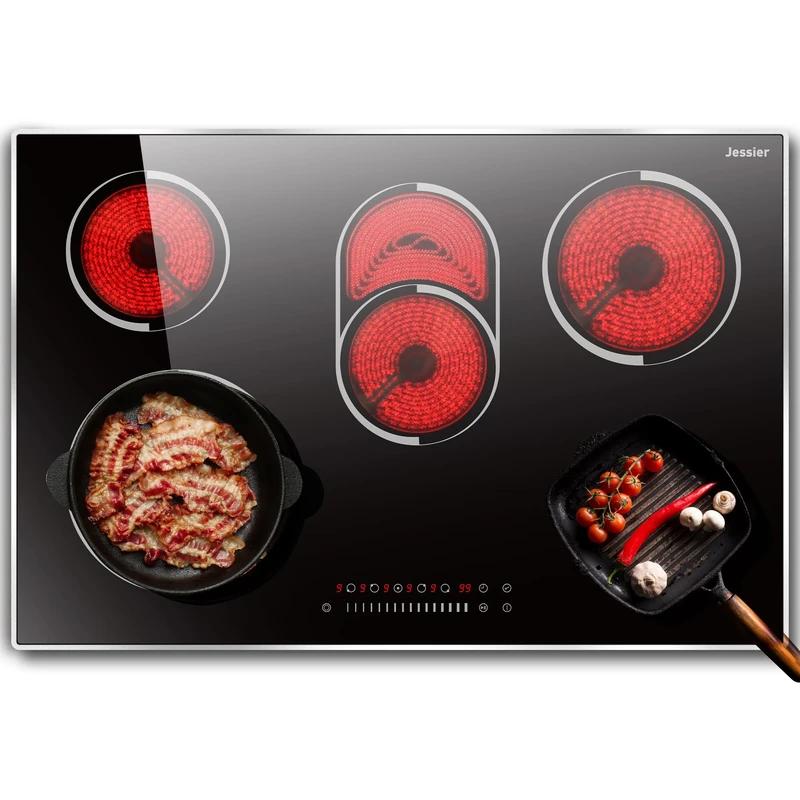 Jessier Ceramic Hob 5 Burners with Frame, Built in 5 Zones Electric Hob with Slide & Touch Control, 8400W Ceramic Cooktop 77cm with Dual Ring for Barbecue, 9 Power Levels, Timer, Safety Lock, No Plug