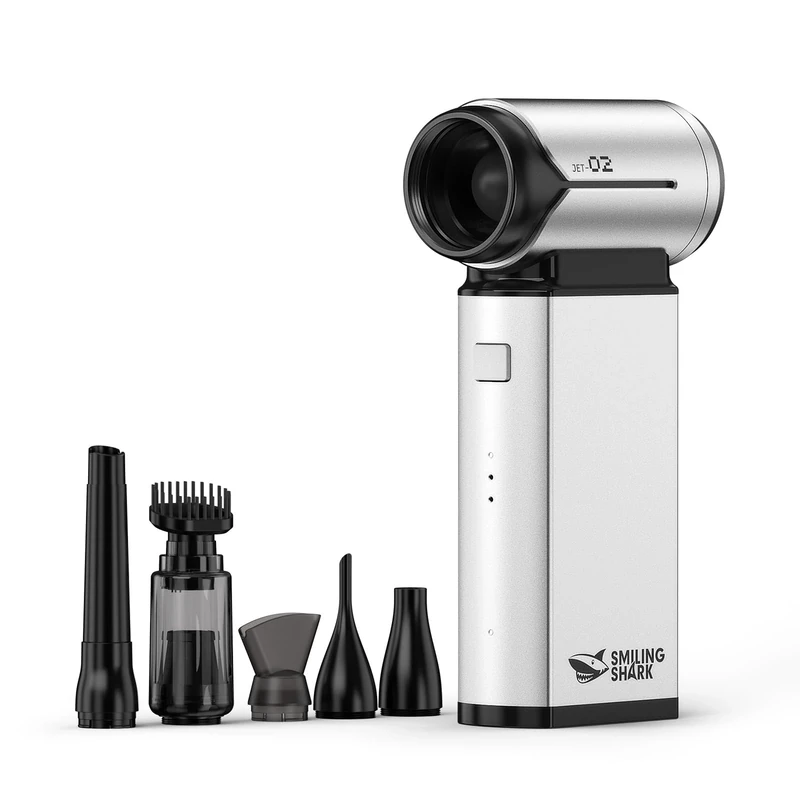 Smiling Shark Compressed Air Duster, J02 Super Power 150000RPM Aluminum Electric Air Duster with Mini Vacuum Cleaner, 2 Modes (Normal&Storm) Adjustable Dust Blower for PC/Outdoor/House/Car, Silver