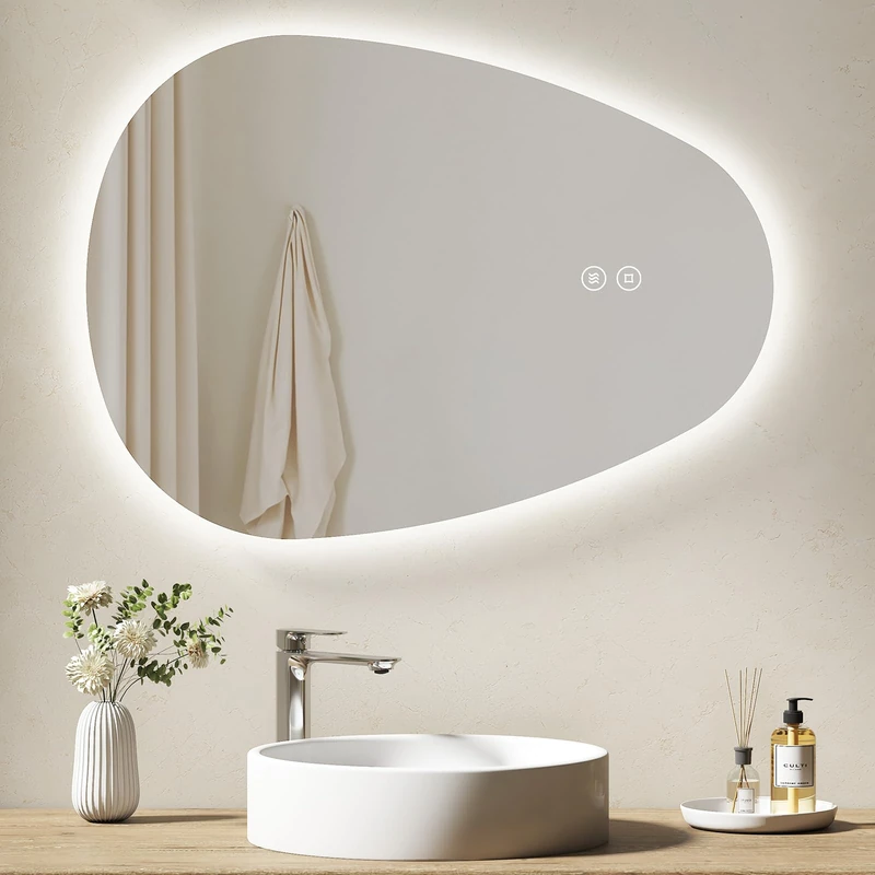 EMKE Bathroom Mirror with Lighting, 60 x 45 cm, Asymmetrical LED Mirror, Touch Switch, 3 Adjustable Light Colours, Anti-Fog Mirror - Image 1