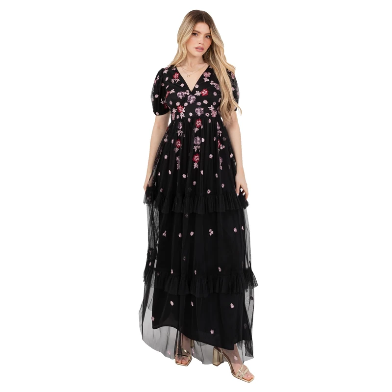 Maya Deluxe Women's Maxi Dress Ladies V-Neck Short Puff Sleeve Floral Embroidered Tiered Ruffle Tulle A-line Keyhole Back Evening, Black 20
