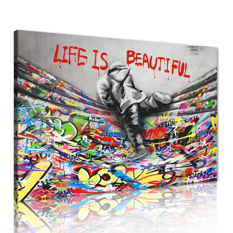 Banksy Graffiti Canvas Wall Art Life is Beautiful Posters Prints Stretched and Framed Street Culture Art Graffiti Artwork for Living Room Bedroom Kitchen Decor Ready to Hang - 24x36inch