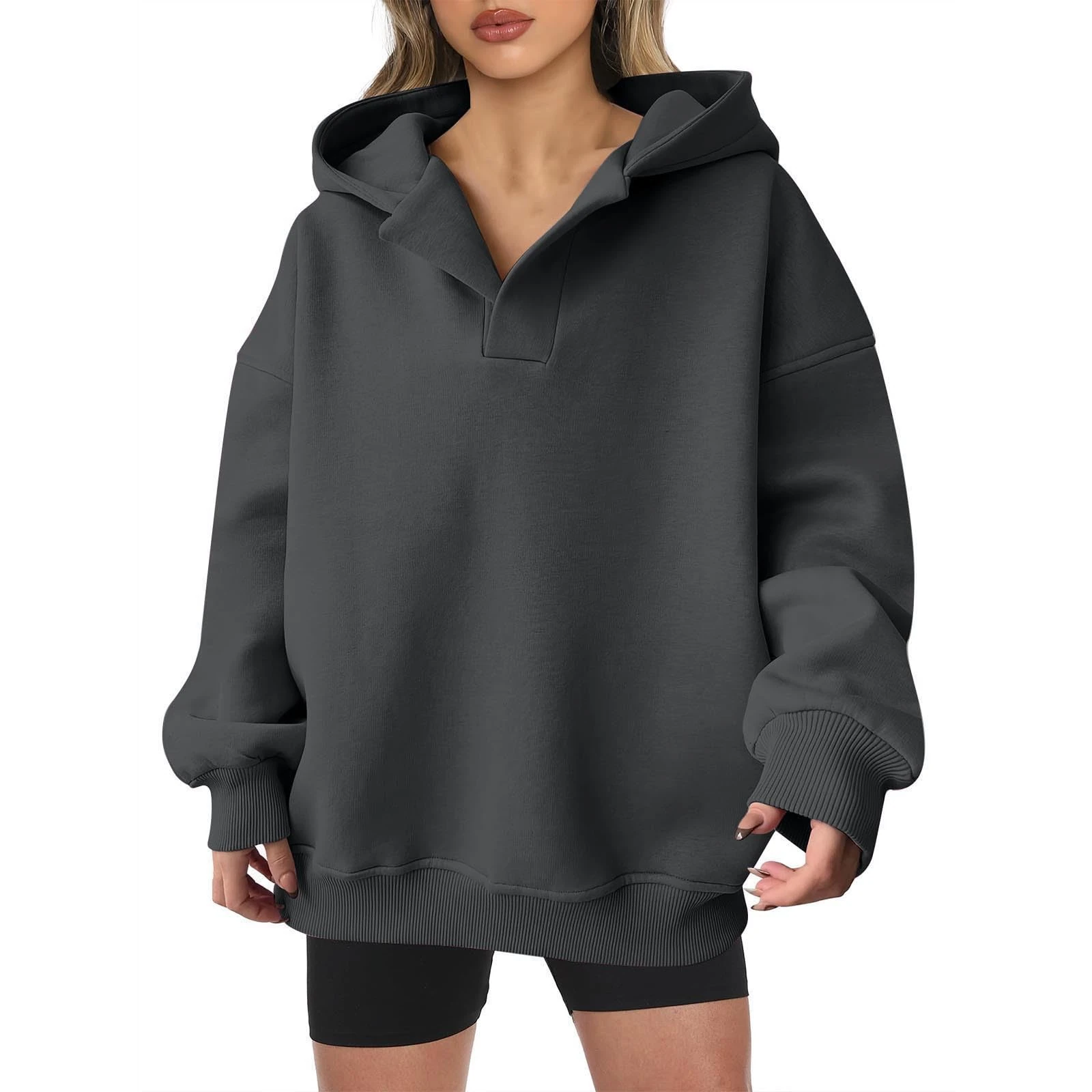 Keepink Women Hoodies V Neck Oversized Sweatshirts Long Sleeve Hooded Jumper Solid Lightweight Pullover Tops Trendy Casual Sweater Autumn Winter Sweat Shirts Ladies Tops 8/16 Sale