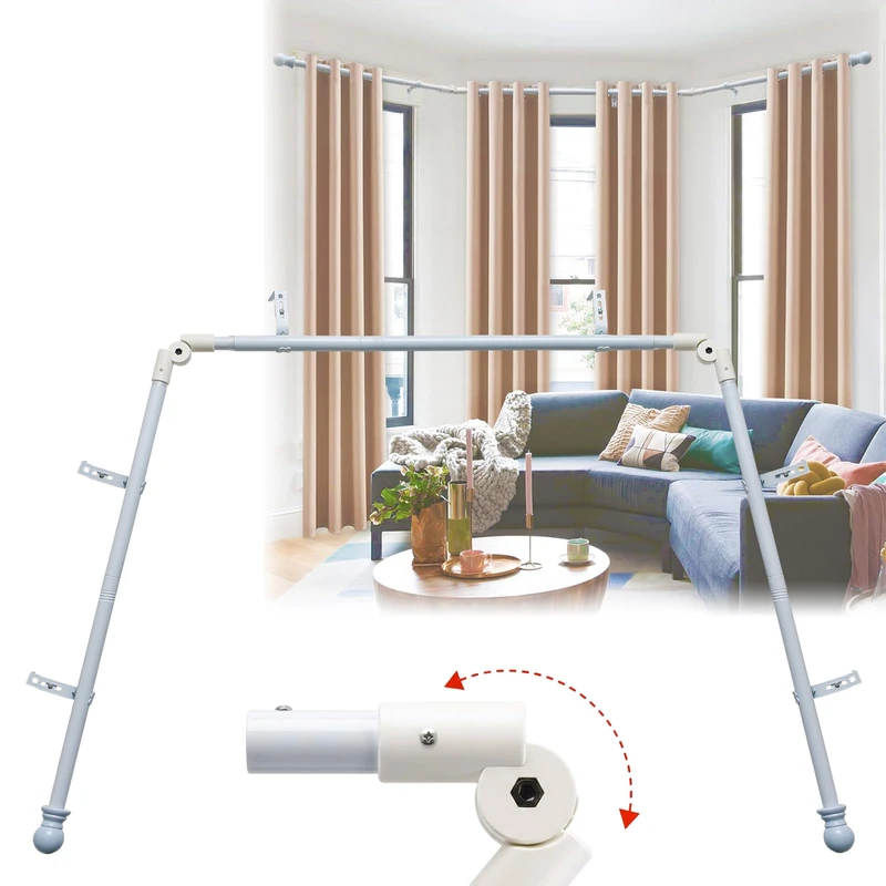 Bay Window Curtain Rods, 36-160" Heavy Duty Corner Curtain Rod, Adjustable DIY Design for Center and Side Rods,U-Shape 1 inch Drapery Rod Set with Brackets for Windows - White