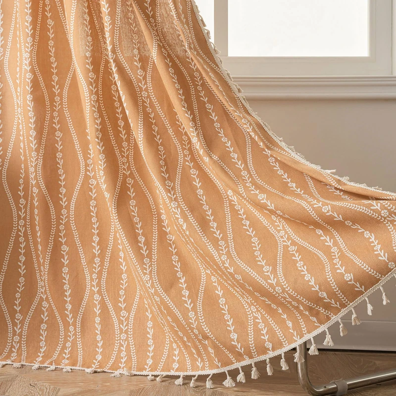 ENJOYBRIDAL Floral Curtains 84 Inches Long 2 Panels Set Bedroom Light Filtering Drapes Burnt Orange Semi Sheer Farmhouse Living Room Window Curtain Panels Boho Rod Pocket Tassel Decor Window Treatment