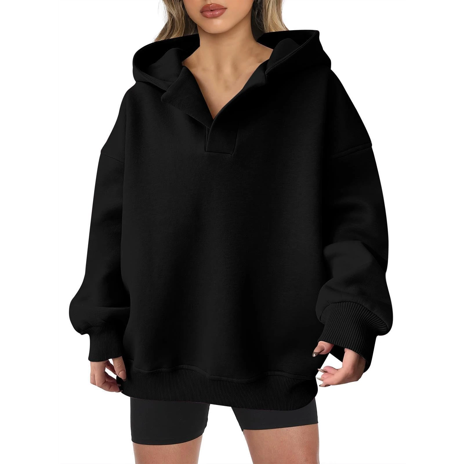 Keepink Women Hoodies V Neck Oversized Sweatshirts Long Sleeve Hooded Jumper Solid Lightweight Pullover Tops Trendy Casual Sweater Autumn Winter Sweat Shirts Ladies Tops 8/16 Sale