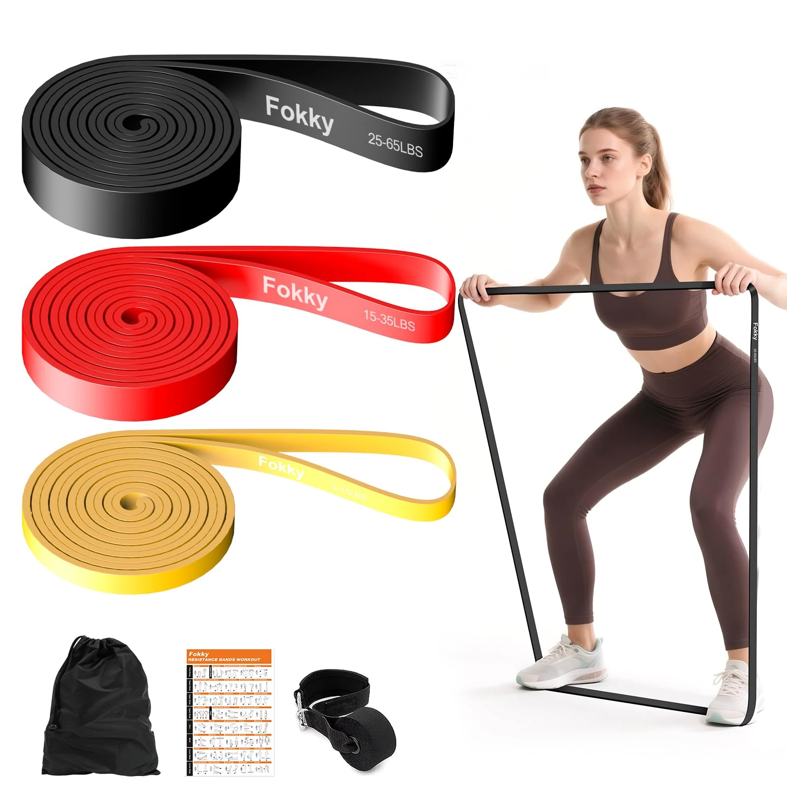 Fokky Resistance Bands, 3 Levels Exercise Band with Door Anchor, Resistance Bands Set for Men&Women, Pull Up Bands for Gym Workout, CrossFit, Stretching, Strength Training