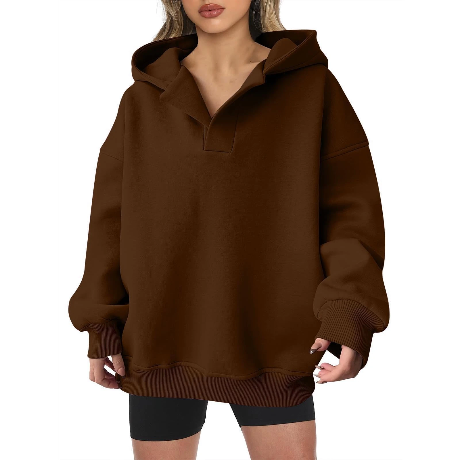 Keepink Women Hoodies V Neck Oversized Sweatshirts Long Sleeve Hooded Jumper Solid Lightweight Pullover Tops Trendy Casual Sweater Autumn Winter Sweat Shirts Ladies Tops 8/16 Sale