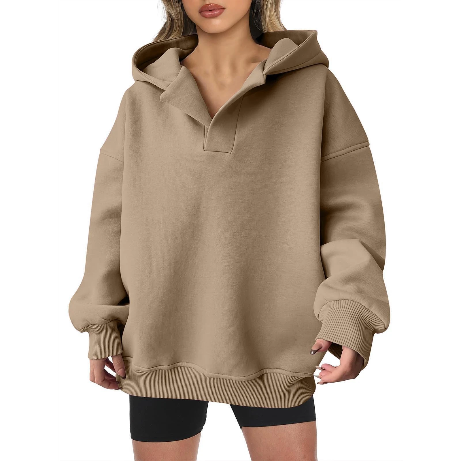 Keepink Women Hoodies V Neck Oversized Sweatshirts Long Sleeve Hooded Jumper Solid Lightweight Pullover Tops Trendy Casual Sweater Autumn Winter Sweat Shirts Ladies Tops 8/16 Sale