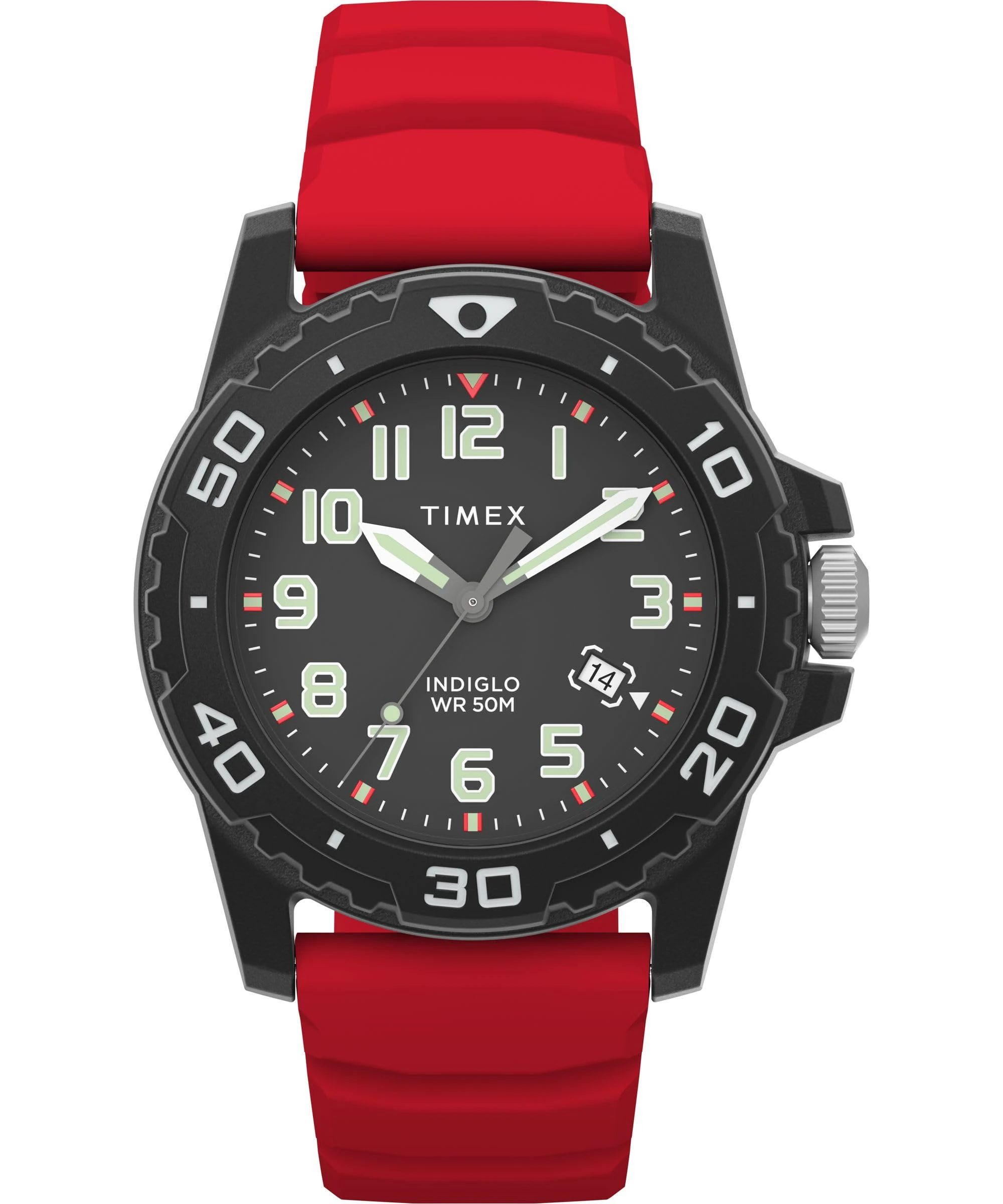Timex Men's Main Street 42 mm Watch - Red Silicone Strap Black Dial Black Case TW5M61000