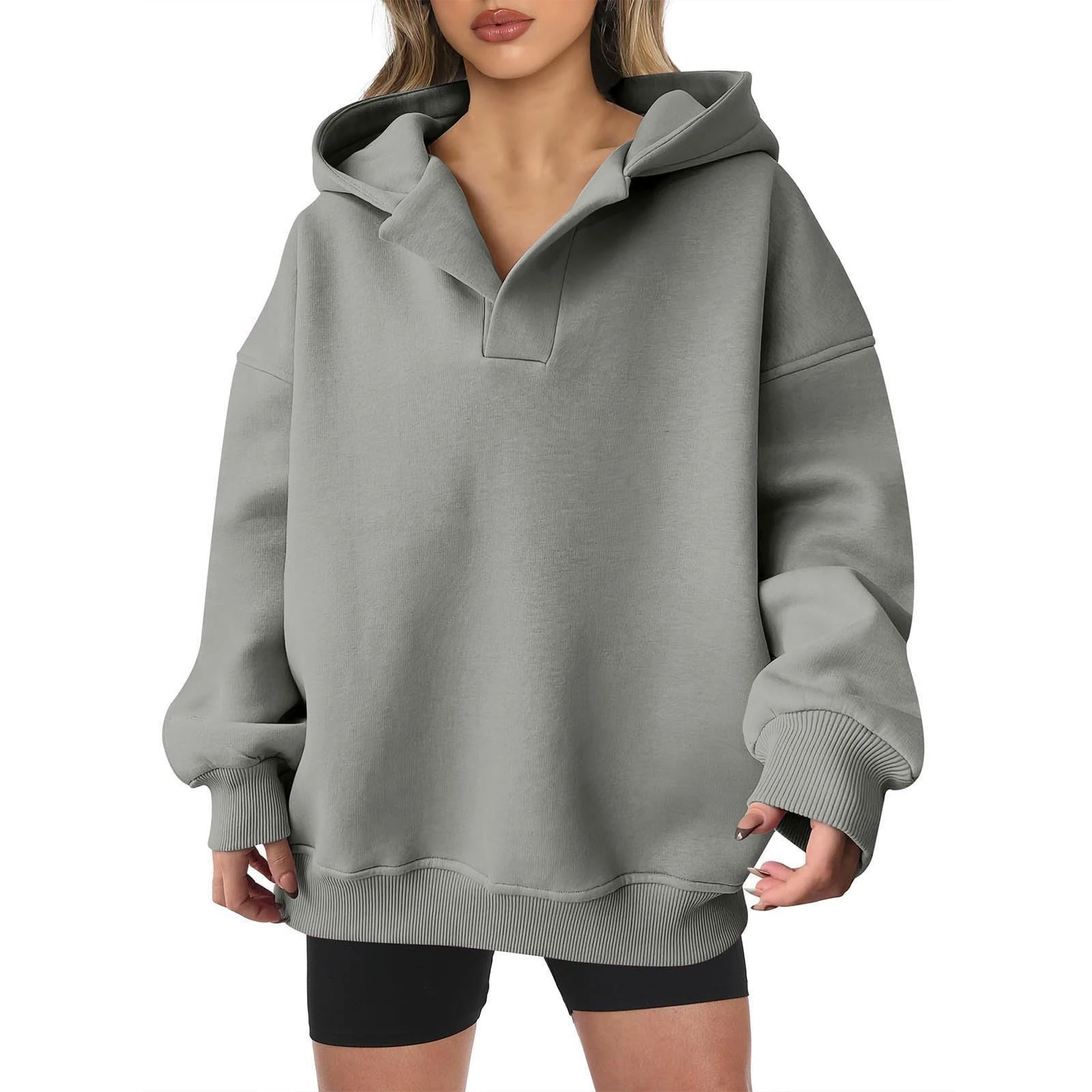 Keepink Women Hoodies V Neck Oversized Sweatshirts Long Sleeve Hooded Jumper Solid Lightweight Pullover Tops Trendy Casual Sweater Autumn Winter Sweat Shirts Ladies Tops 8/16 Sale