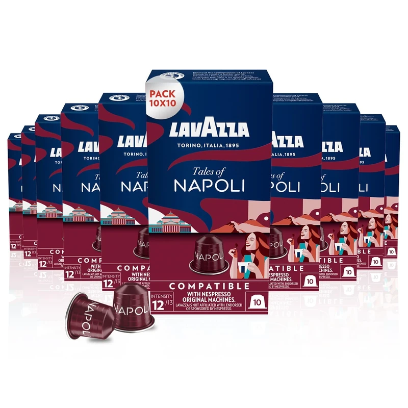 Lavazza, Tales of Napoli, 100 Coffee Capsules Compatible with Nespresso Machines Original, with Notes of Cocoa and Caramel, Arabica and Robusta, Intensity 12/13, Dark Roast, 10 Packs