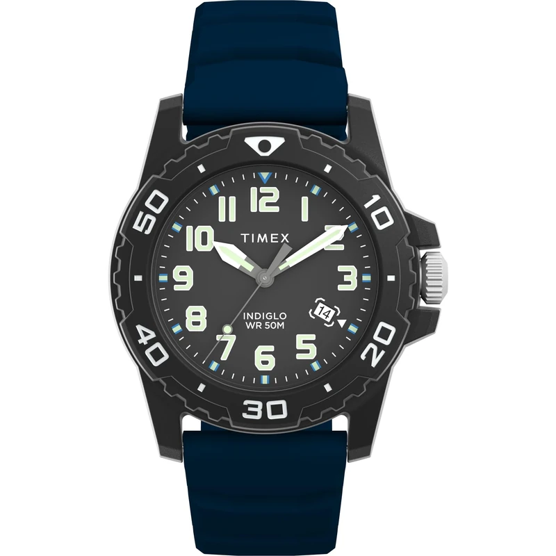 Timex Men's Main Street 42 mm Watch - Blue Silicone Strap Black Dial Black Case TW5M61100