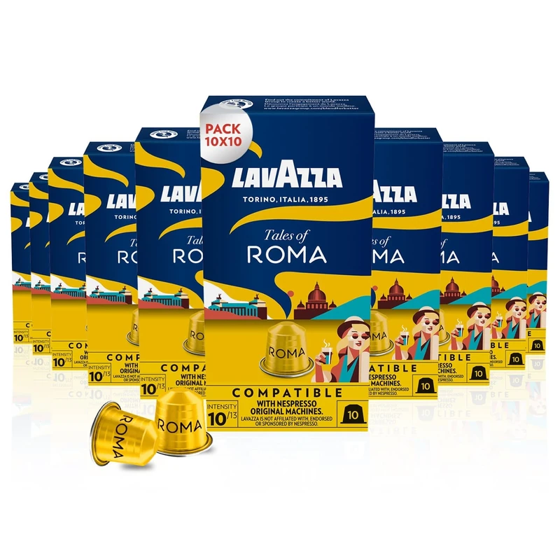 Lavazza, Tales of Roma, 100 Nespresso Original Machine-Compatible Coffee Capsules, with Notes of Hazelnut and Dark Chocolate, Arabica and Robusta, Intensity 10/13, Medium Roast, 10 Packs