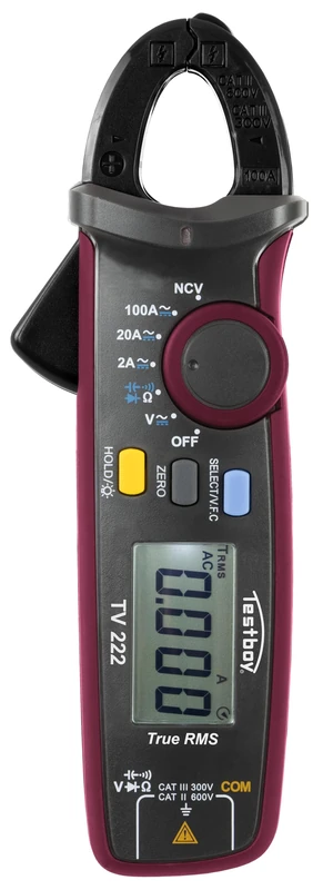 Testboy TV 222 Digital mini clamp ammeter (current clamp, multimeter and non-contact voltage tester, including continuity test, diode test, data hold and auto power-off function)