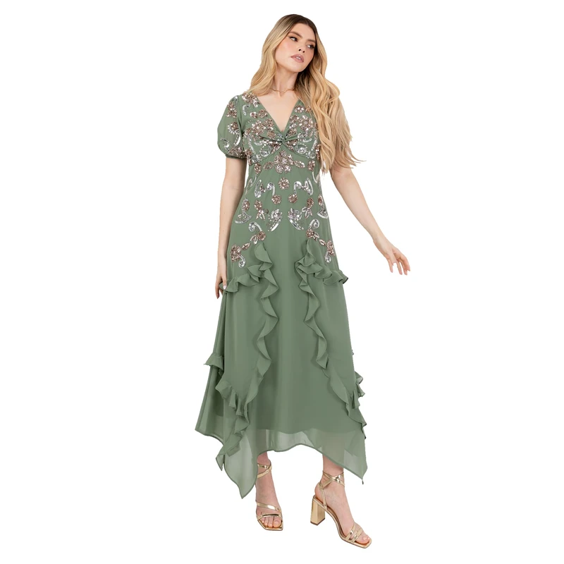 Women's Midaxi Dress Ladies Short Puff Sleeve V-Neck Sequin Embellished Ruffle Chiffon Handkerchief A-line Wedding Guest, Deep Mint Green, 20