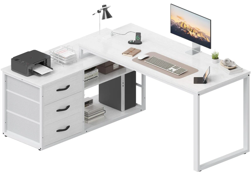 TRIUMPHKEY L Shaped Desk140x105cm With 3 Drawers, Reversible Computer Desk with Extra Storage Space, Adjustable Height Partitioned Storage Space, Corner Office Desk with charging outlets, White