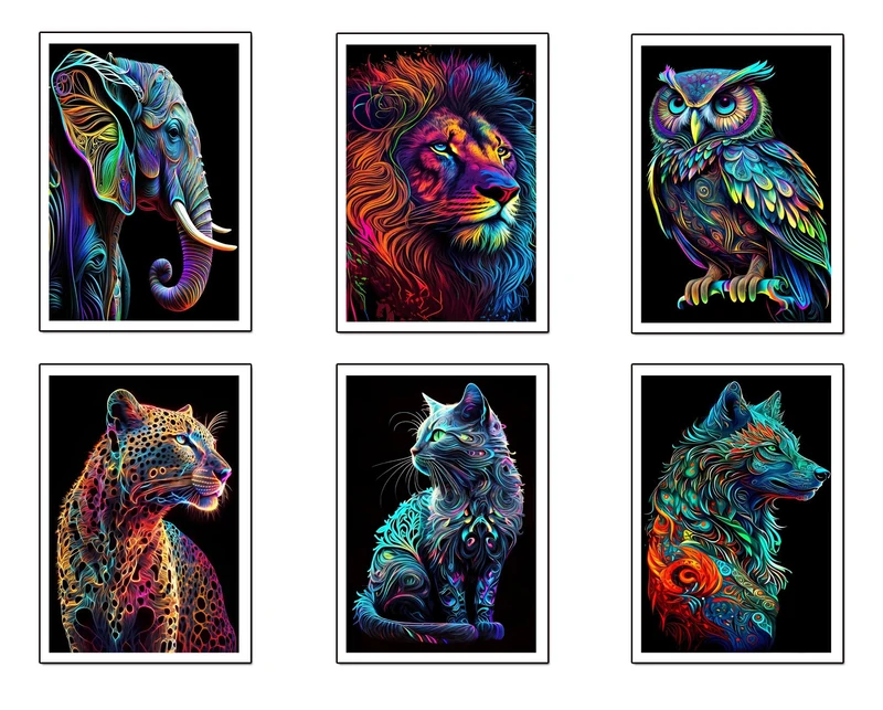 DKORARTE Set of 6 Wooden Base Paintings, Living Room Decoration, Modern, Bedrooms, Room, Nature and Animals with Metal Hangers, (38 x 29 cm Each Picture)