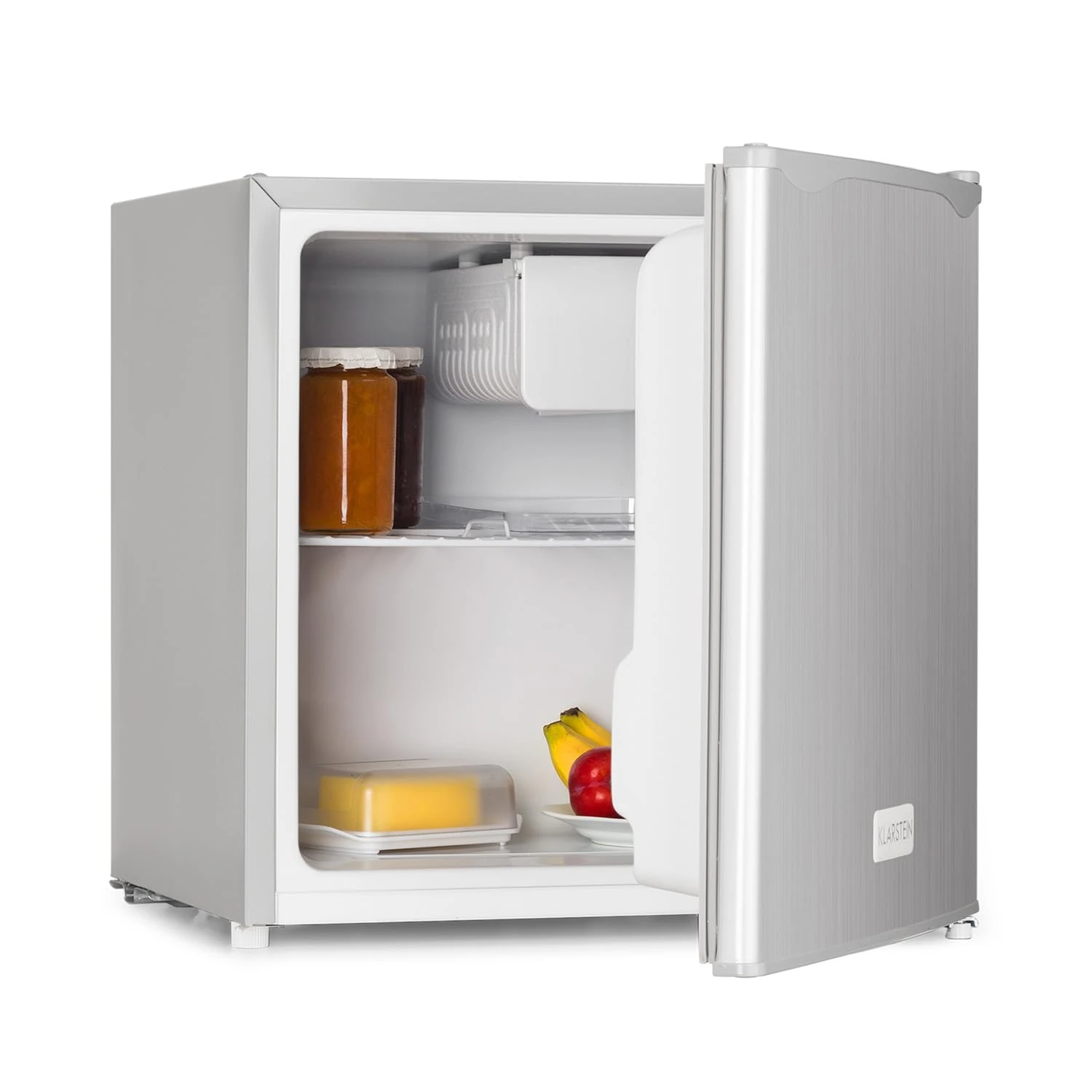 KLARSTEIN Mini Bar, Mini Fridge, Refrigerator, 46L, 47x49.5x44.4 cm, Quiet, Shelf, Door Storage Compartment, 1 Bottle Rack, Small Freezer w/Drip Tray, Adj. Temperature, Silver