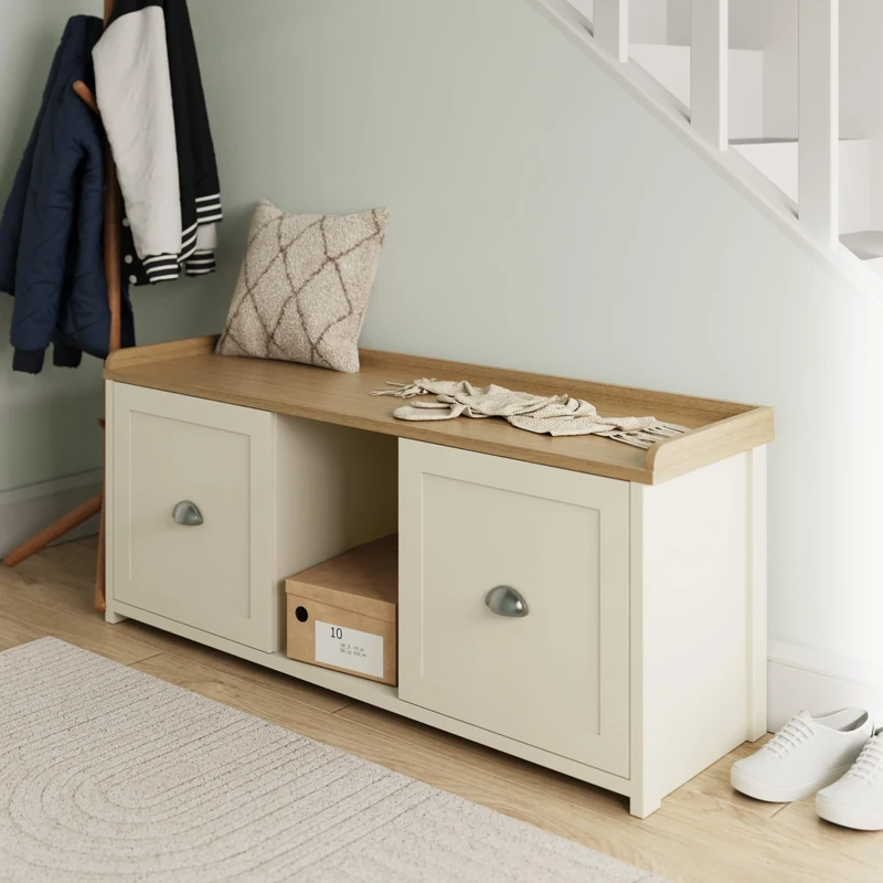 GFW Lancaster 2 Door Shoe Bench Storage Seat Organiser Cream Hallway Entryway