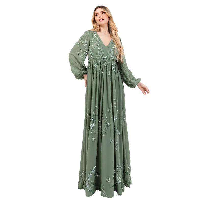 Maya Deluxe Women's Maxi Dress Ladies V-Neck Long Blouson Sleeve Sequin Embellished Empire A-Line Wedding Guest Bridesmaid Prom Women, Deep Mint, 8