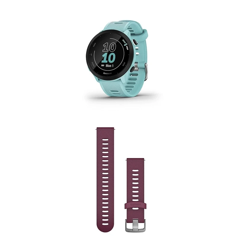 Garmin Forerunner 55 Easy to Use Lightweight GPS Running Smartwatch, Aqua & Quick Release Band (20 mm) - Berry with Stainless Steel