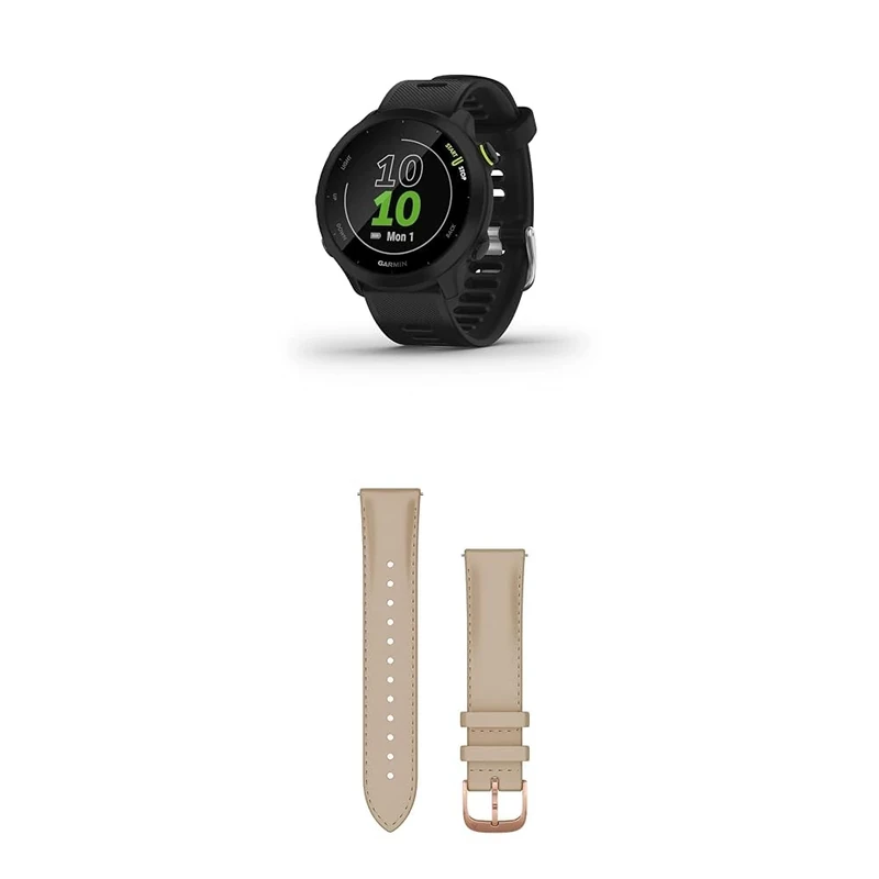 Garmin Forerunner 55 Easy to Use Lightweight GPS Running Smartwatch, Black & Quick Release Band (20 mm) - Light Sand with 18K Rose Gold