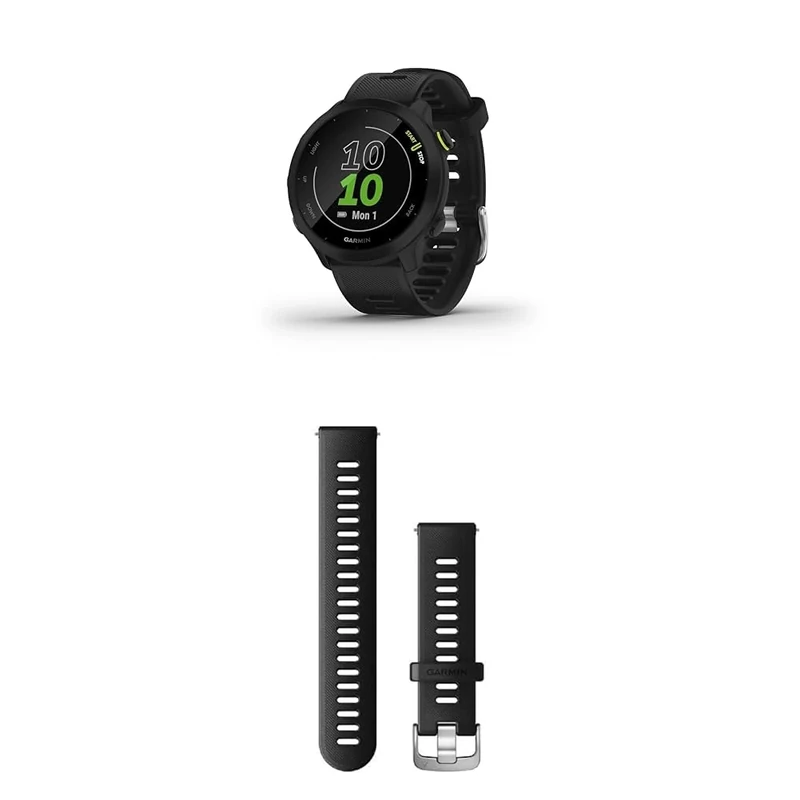 Garmin Forerunner 55 Easy to Use Lightweight GPS Running Smartwatch, Black & Quick Release Band (20 mm) - Black