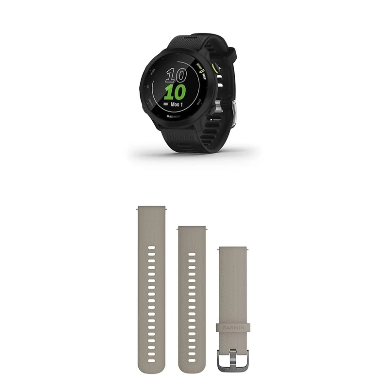 Garmin Forerunner 55 Easy to Use Lightweight GPS Running Smartwatch, Black & Quick Release Band (20 mm) - Beige