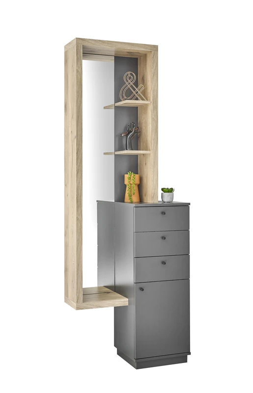 Stella Trading Wall Coat Rack, Hallway Coat Rack Set in Viking Oak Look, Anthracite Modern Coat Rack with Mirror for Your Entrance Area, Frame 4