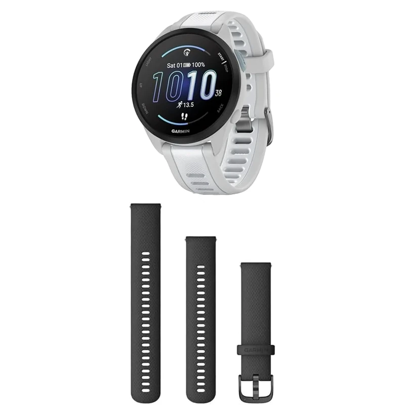 Garmin Forerunner 165, Easy to Use Lightweight GPS Running Smartwatch, White & Quick Release Band (20 mm) - Black with Slate