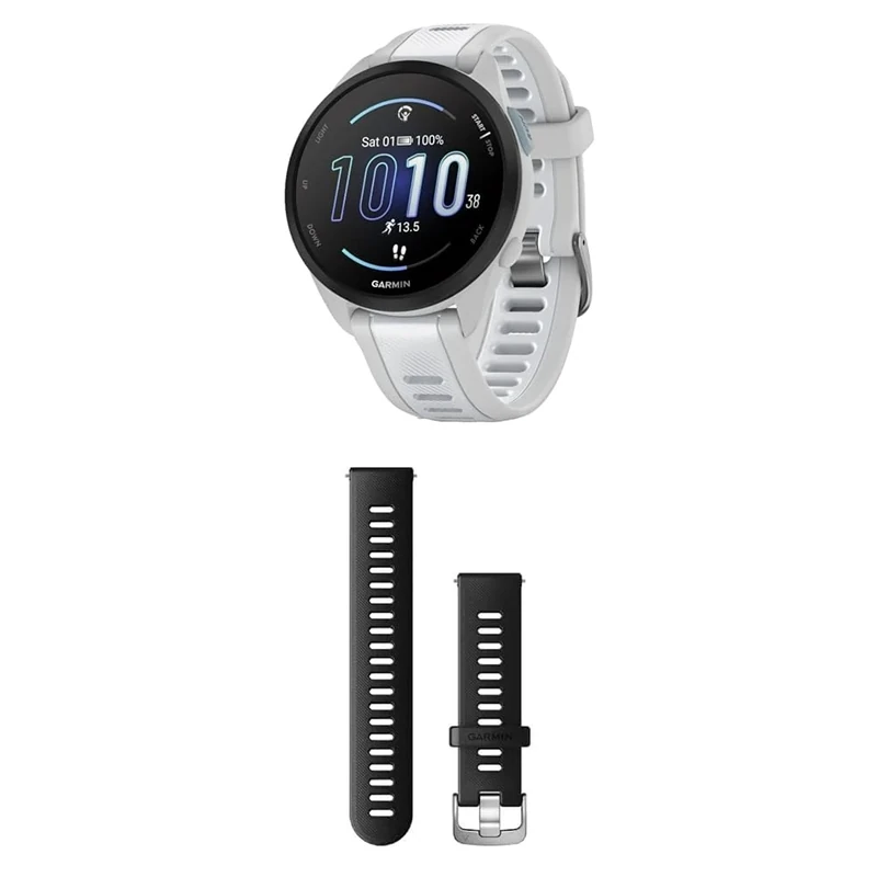 Garmin Forerunner 165, Easy to Use Lightweight GPS Running Smartwatch, White & Quick Release Band (20 mm) - Black