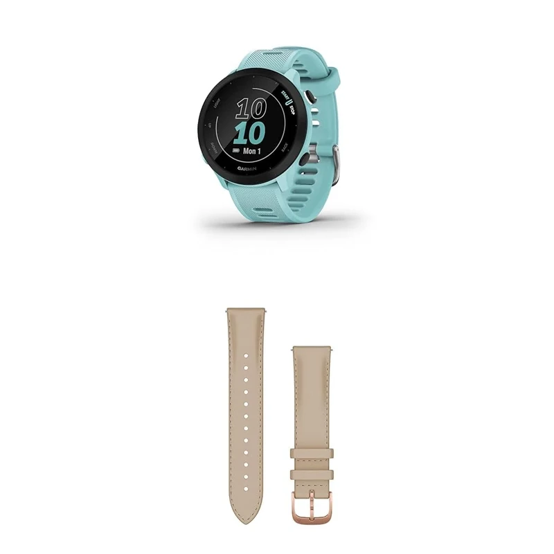 Garmin Forerunner 55 Easy to Use Lightweight GPS Running Smartwatch, Aqua & Quick Release Band (20 mm) - Light Sand with 18K Rose Gold