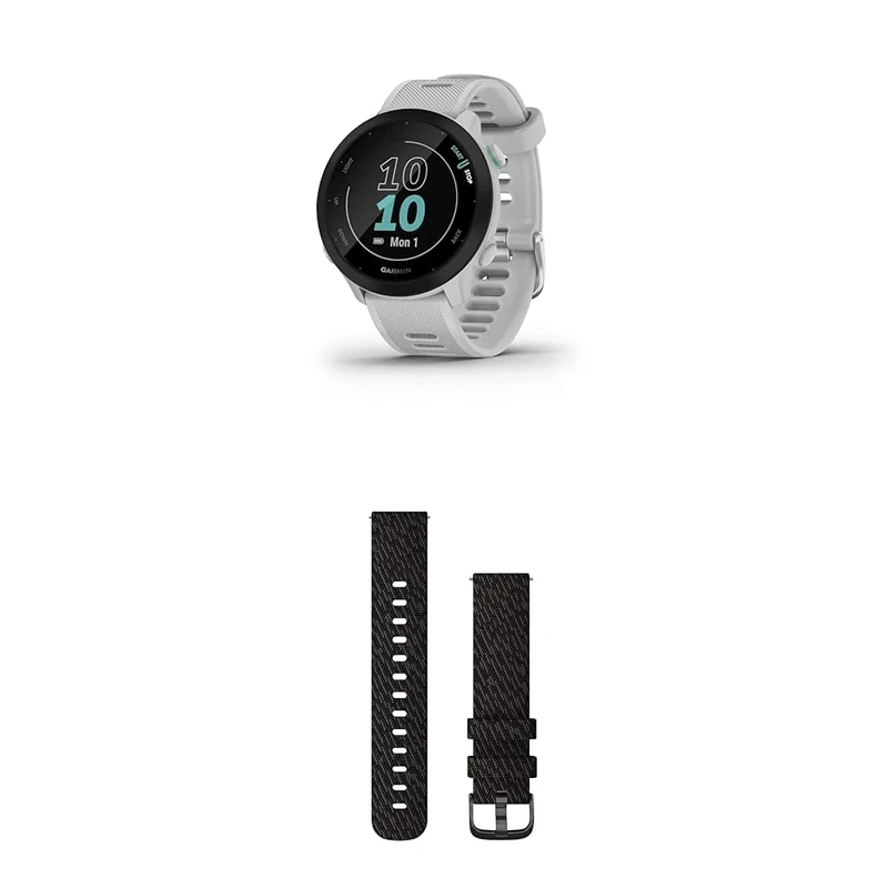 Garmin Forerunner 55 Easy to Use Lightweight GPS Running Smartwatch, White & Quick Release Band (20 mm) - Black Pepper with Slate