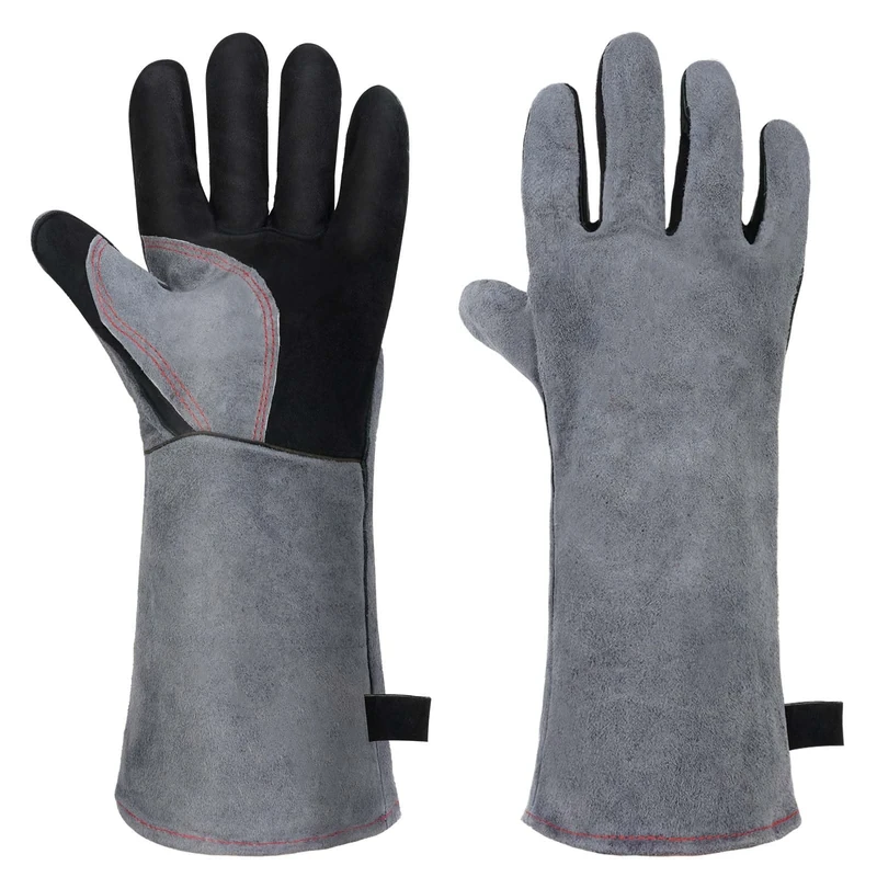 AUAUY Heat & Fire Resistant Gloves, Large Leather BBQ Gloves, Welding Gloves with Kevlar Stitching, Wear Resistant Heavy-Duty Protective Gloves for Grinding, Baking, Oven, Fireplace, Gardening-Grey