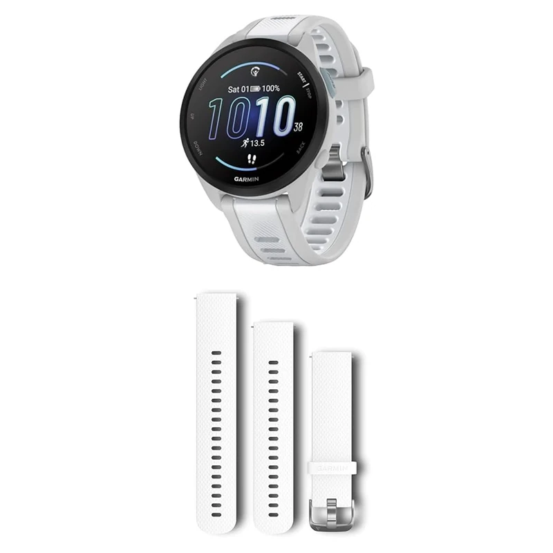 Garmin Forerunner 165, Easy to Use Lightweight GPS Running Smartwatch, White & Quick Release Band (20 mm) - White/silver