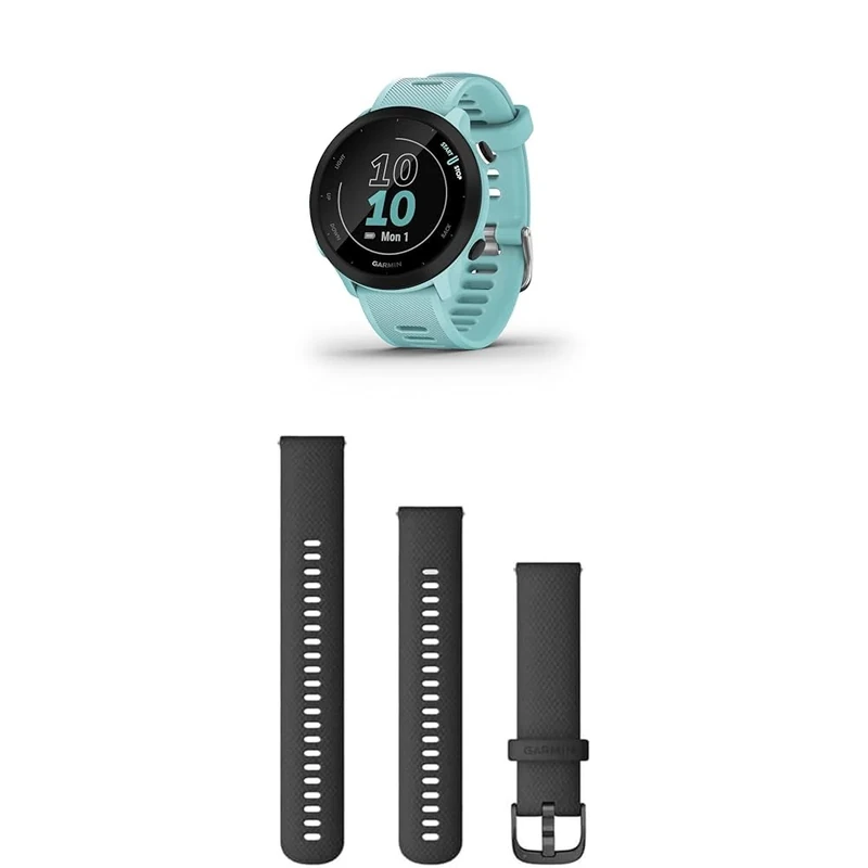Garmin Forerunner 55 Easy to Use Lightweight GPS Running Smartwatch, Aqua & Quick Release Band (20 mm) - Black with Slate