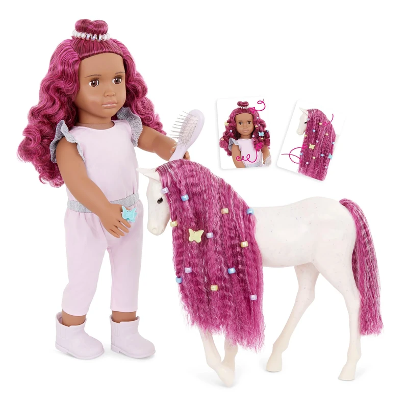 Our Generation - Estra & Delta - 18-Inch Doll & Horse Foal Set - Matching Fuchsia Hair - Grooming & Styling Accessories - Pretend Play - Toy for Kids 3 Years +