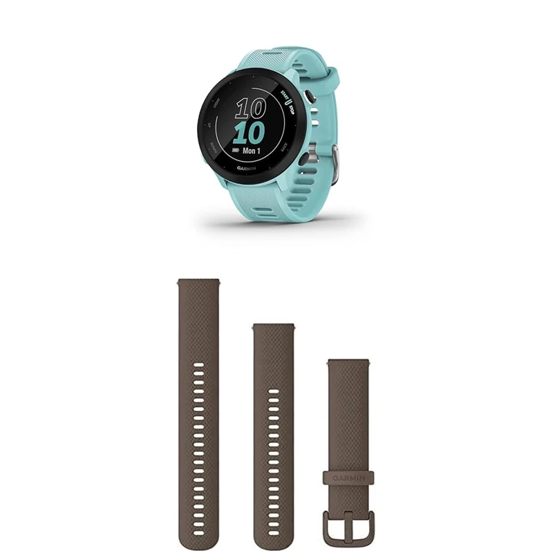Garmin Forerunner 55 Easy to Use Lightweight GPS Running Smartwatch, Aqua & Quick Release Band (20 mm) - Brown