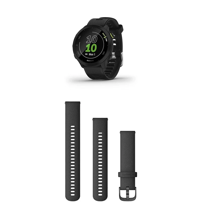 Garmin Forerunner 55 Easy to Use Lightweight GPS Running Smartwatch, Black & Quick Release Band (20 mm) - Black with Slate