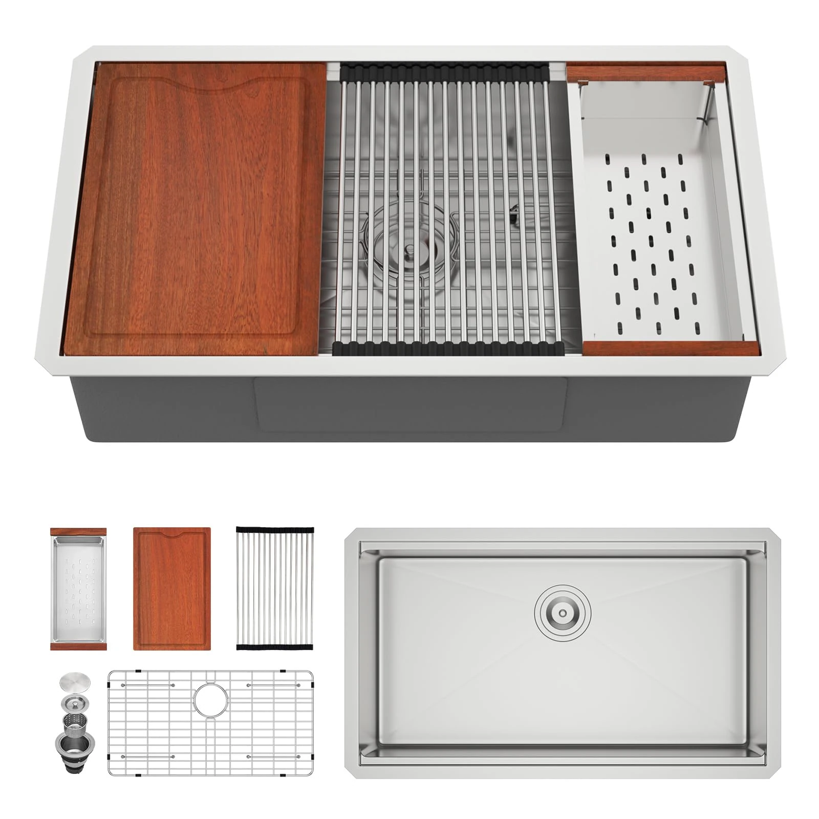 Lofeyo 33"x19" Undermount Kithchen Sink Workstation 304 Stainless Steel 16 Guage Handmade Under Counter Single Bowl Modern Deep Kitchen Sink Basin,LOF-B9992