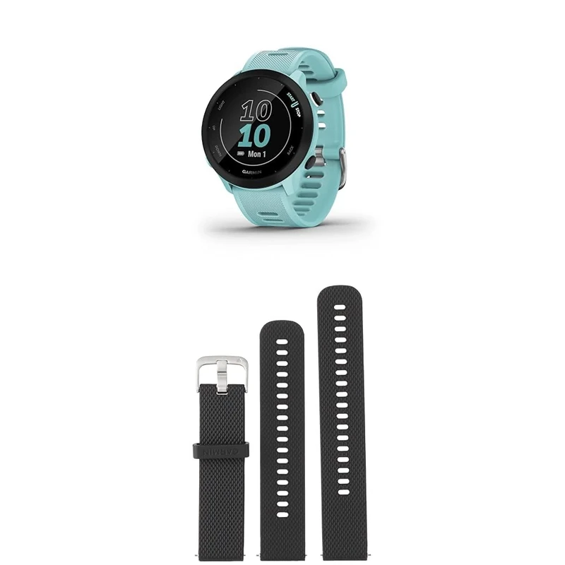 Garmin Forerunner 55 Easy to Use Lightweight GPS Running Smartwatch, Aqua & Quick Release Band (20 mm) - Black