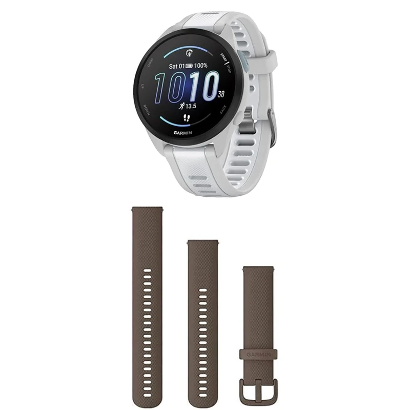 Garmin Forerunner 165, Easy to Use Lightweight GPS Running Smartwatch, White & Quick Release Band (20 mm) - Brown