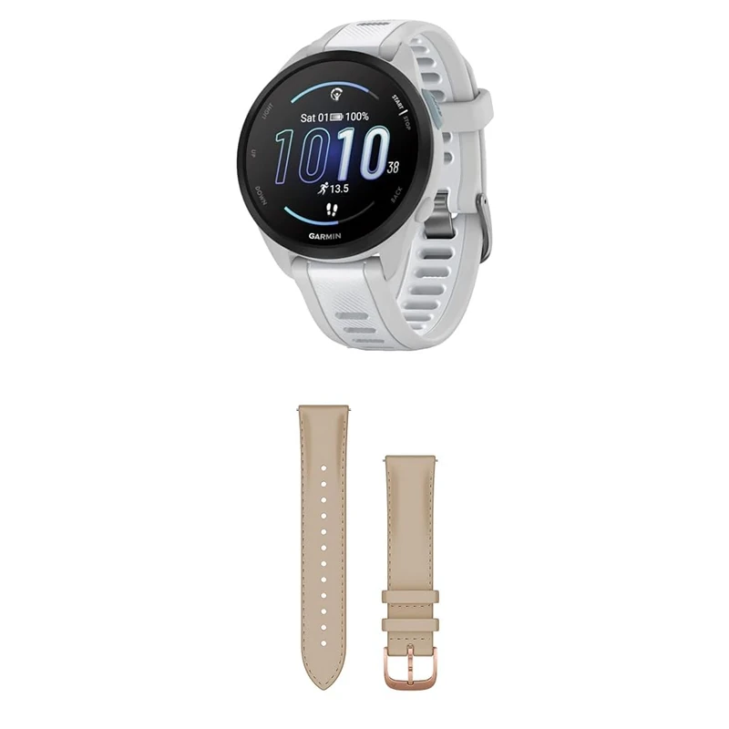 Garmin Forerunner 165, Easy to Use Lightweight GPS Running Smartwatch, White & Quick Release Band (20 mm) - Light Sand with 18K Rose Gold