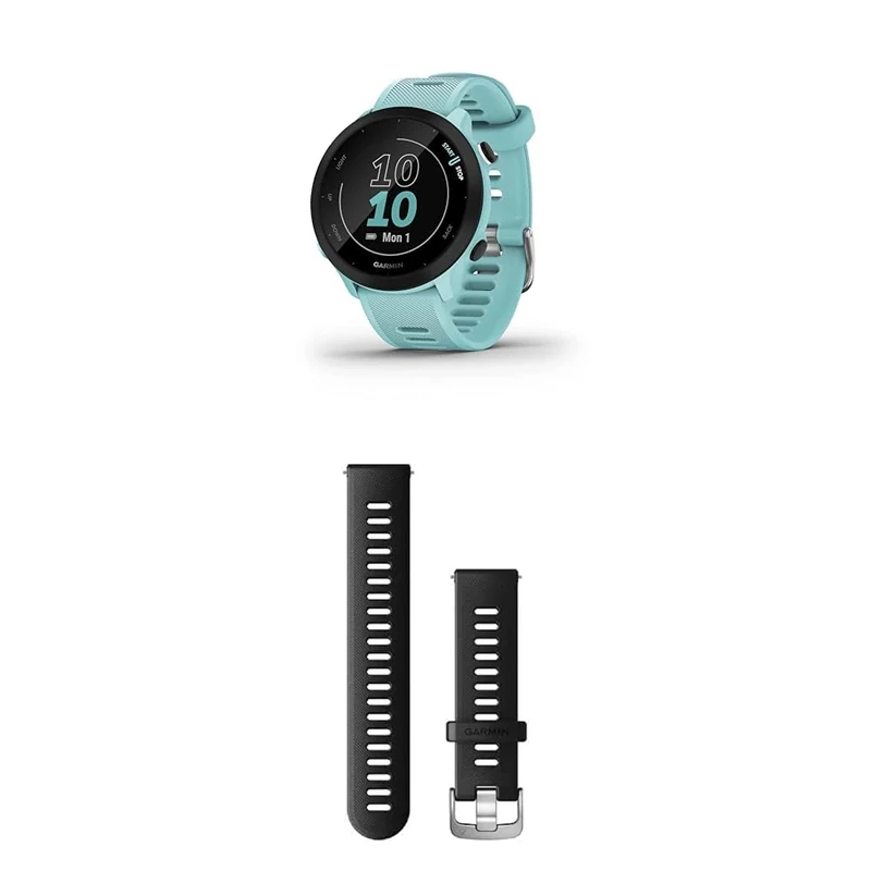 Garmin Forerunner 55 Easy to Use Lightweight GPS Running Smartwatch, Aqua & Quick Release Band (20 mm) - Black
