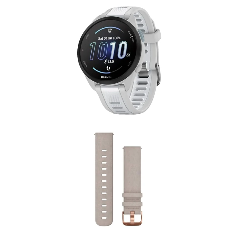 Garmin Forerunner 165, Easy to Use Lightweight GPS Running Smartwatch, White & Quick Release Band (20 mm) - Gray Suede with Rose Gold