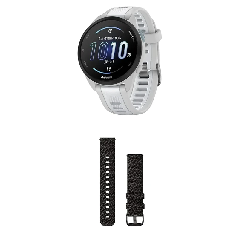 Garmin Forerunner 165, Easy to Use Lightweight GPS Running Smartwatch, White & Quick Release Band (20 mm) - Black Pepper with Slate
