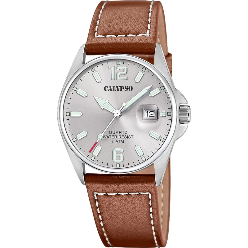 Calypso Mens Stainless Steel Watch with Leather Strap K5870/2