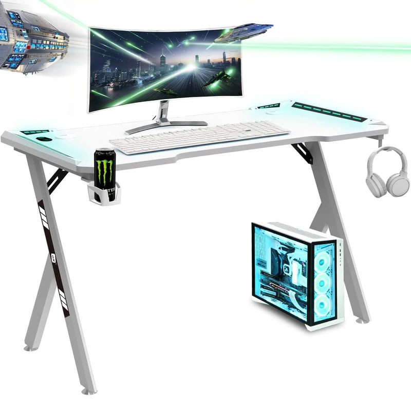 NK Gaming Desk Table with LED (120 x 60 cm) – Cup Holder and Bottles, Support Headphones/Helmets, Cable Management, Gaming Desk, Table 1.5 cm (Resistance) Maximum Weight 100 kg (White)