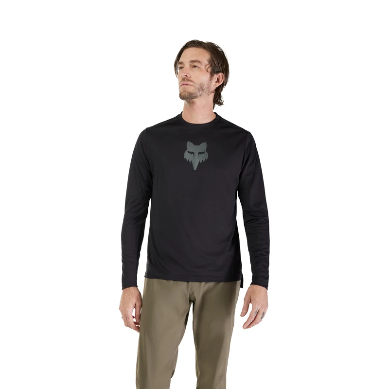 Fox Racing Ranger LS Jersey Fox Head - Long Sleeve, Recycled Materials, Sweat-Wicking Mesh, MTB Fit, Drop Tail Panel, Iconic Logo, Versatile Performance On/Off Bike, Color: Black, Size: L - Image 1