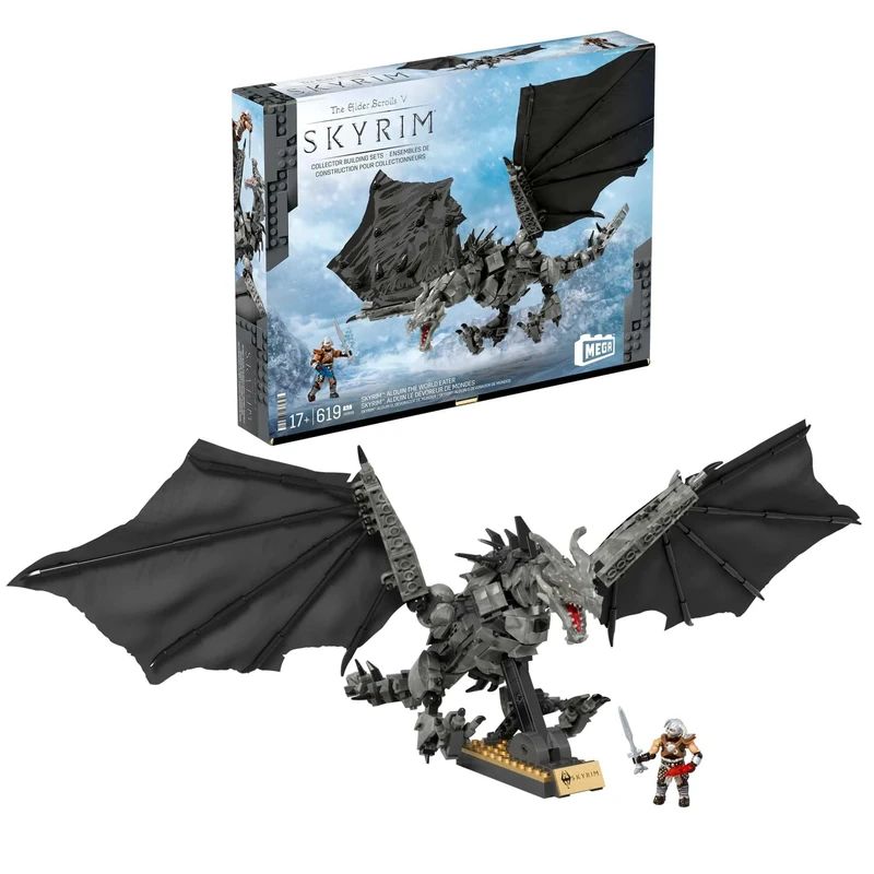 MEGA Skyrim Action Figures Building Toys, Alduin the World Eater with 619 Pieces, with 1 Dragonborn Figure, for Collectors, HXR98